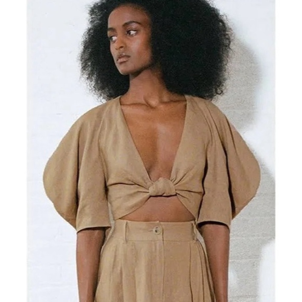 Mara Hoffman Rya Hemp Tie Front Crop Blouse Light Brown Tan Size 2